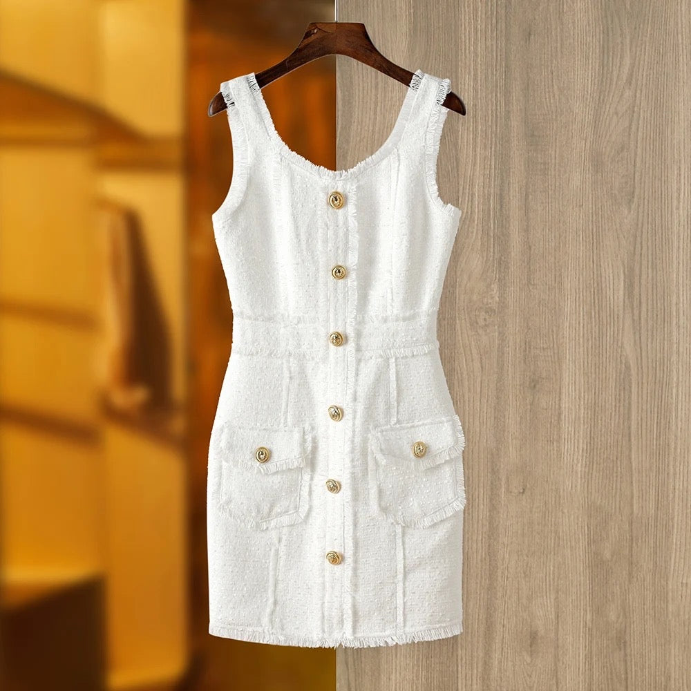 Boss Babe Pure White Tweed Fabric Straps Sleeveless Dress