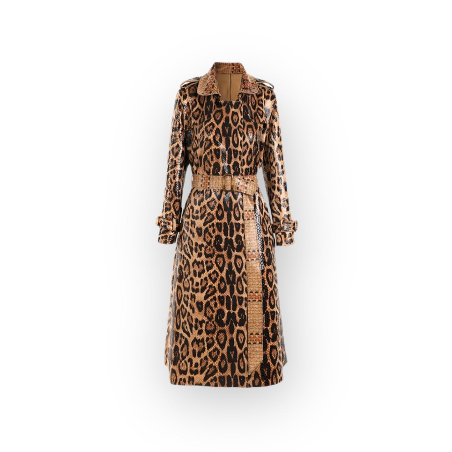 Boss Babe Snake Pattern Printing PU Leather Straight Trench Coat