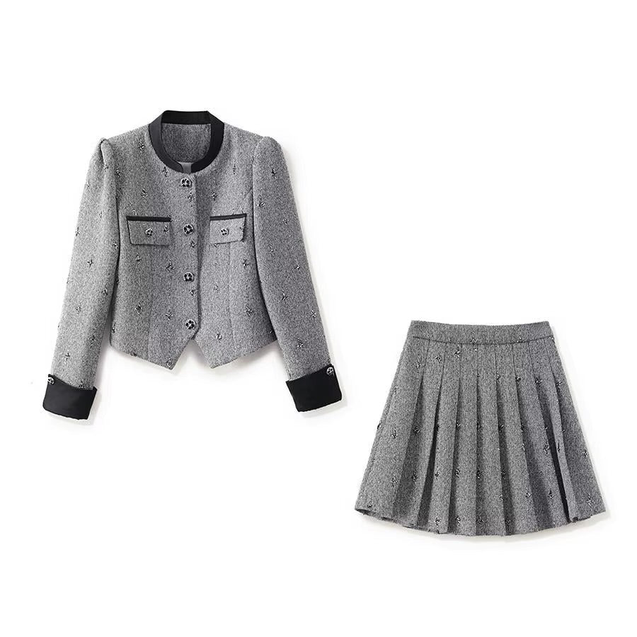 Boss Babe Shiner Office Suit Stand Collar Long Sleeve Single-breasted Coat Mini Pleated Skirt