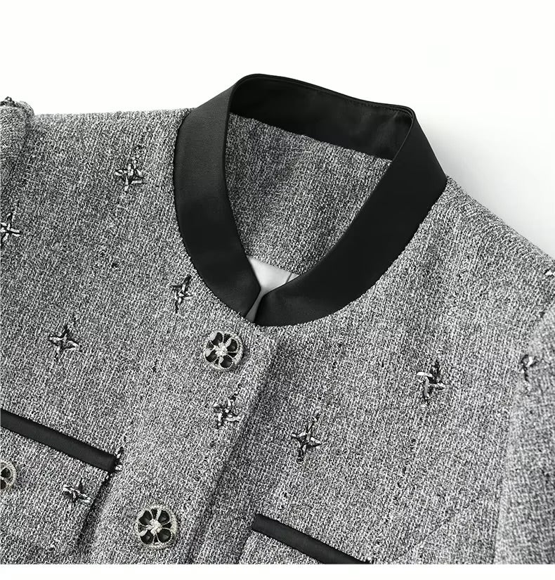 Boss Babe Shiner Office Suit Stand Collar Long Sleeve Single-breasted Coat Mini Pleated Skirt