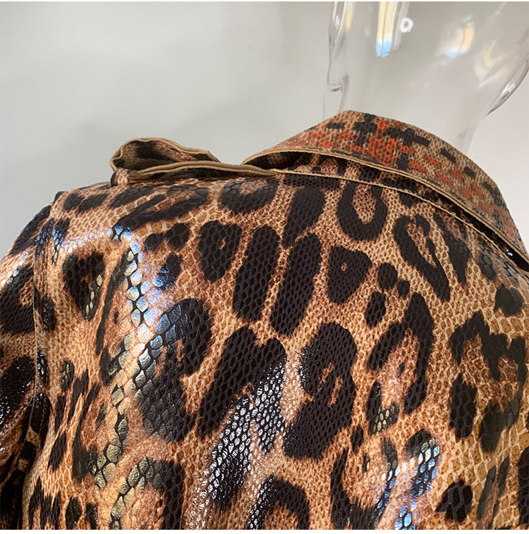 Boss Babe Snake Pattern Printing PU Leather Straight Trench Coat