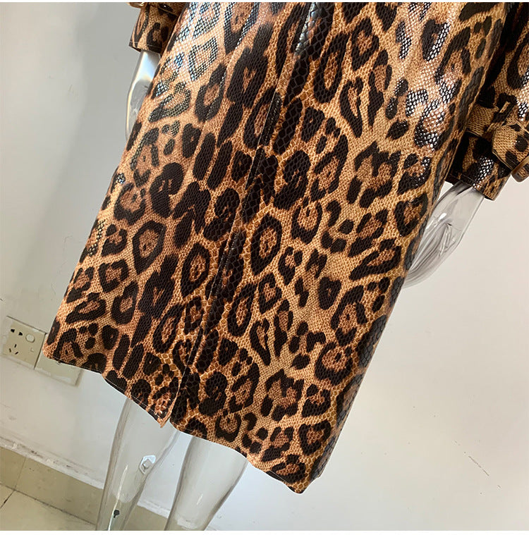 Boss Babe Snake Pattern Printing PU Leather Straight Trench Coat