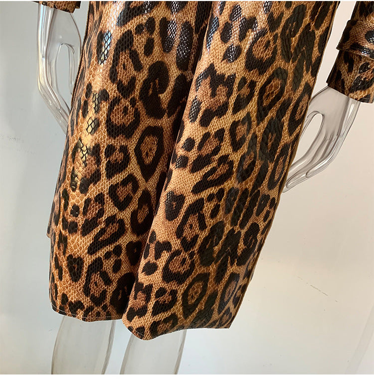 Boss Babe Snake Pattern Printing PU Leather Straight Trench Coat