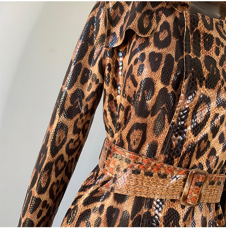 Boss Babe Snake Pattern Printing PU Leather Straight Trench Coat