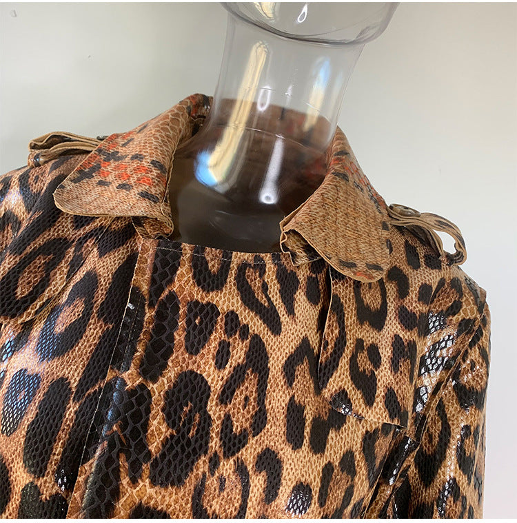 Boss Babe Snake Pattern Printing PU Leather Straight Trench Coat