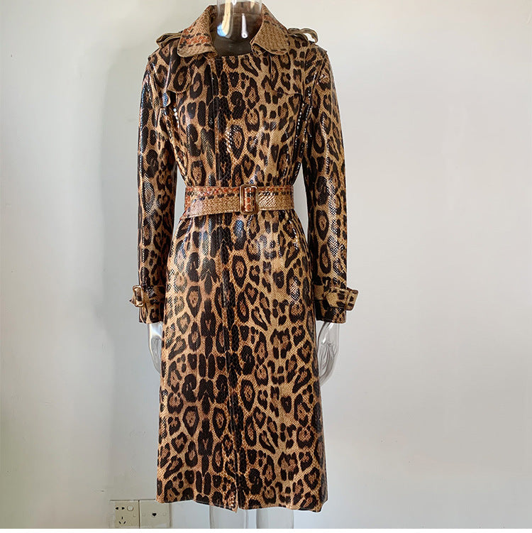 Boss Babe Snake Pattern Printing PU Leather Straight Trench Coat