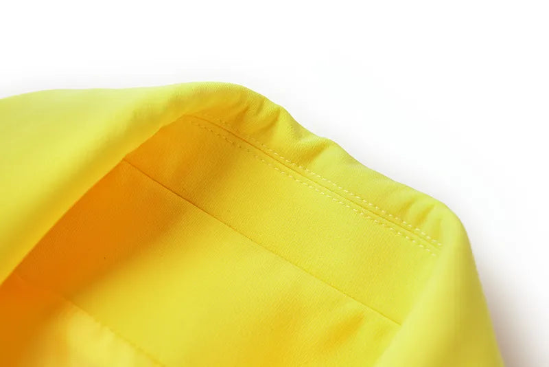 Boss Babe Faux Fur-trim Patchowrk Lemon Yellow Long Blazers