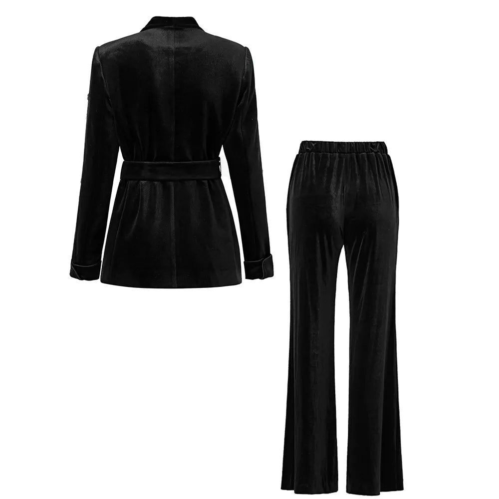 Boss Babe Luxury Black Velvet Fabric Quality Diamonds Beads Women 2PCs Blazer Suits