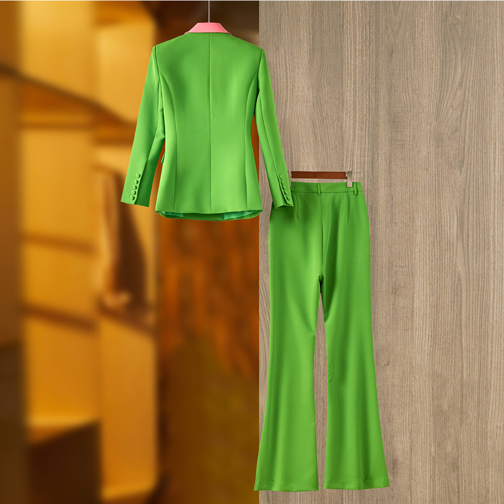 Boss Babe Pink Collar Patchwork Green Blazer Suit