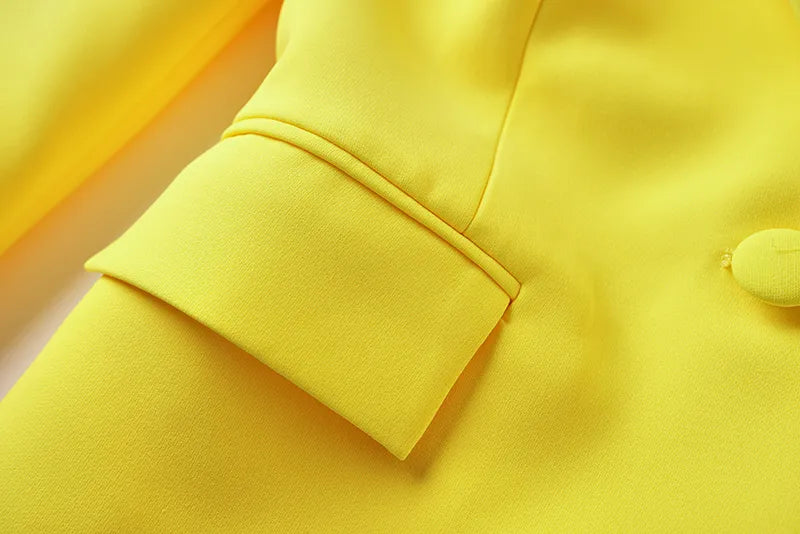 Boss Babe Faux Fur-trim Patchowrk Lemon Yellow Long Blazers