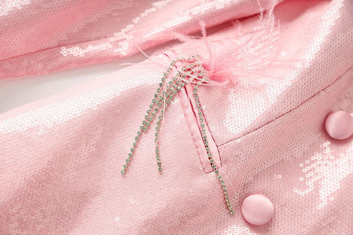 Boss Babe Baby Pink Sparking Sequinned Feather Luxury Blazer