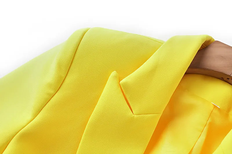Boss Babe Faux Fur-trim Patchowrk Lemon Yellow Long Blazers