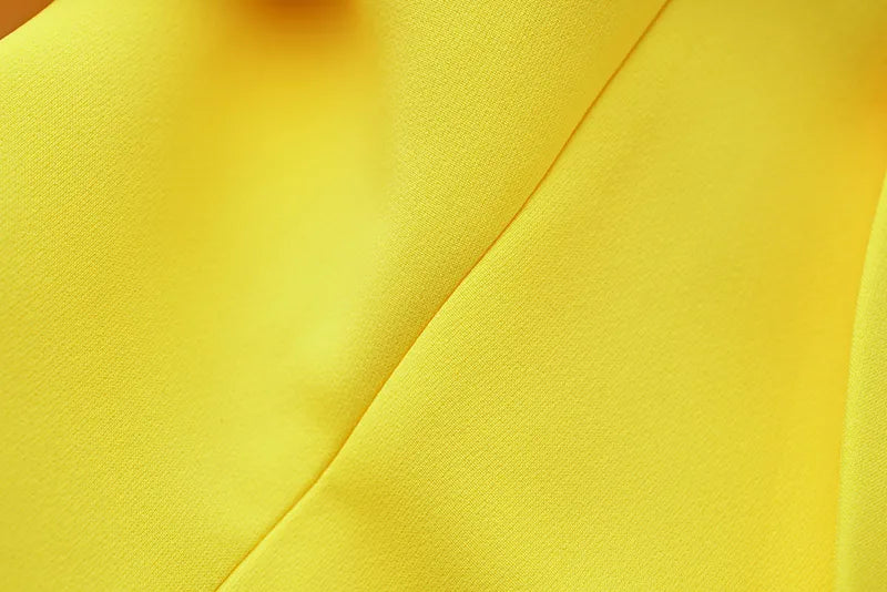 Boss Babe Faux Fur-trim Patchowrk Lemon Yellow Long Blazers