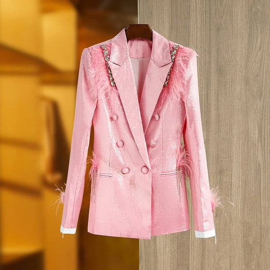 Boss Babe Baby Pink Sparking Sequinned Feather Luxury Blazer
