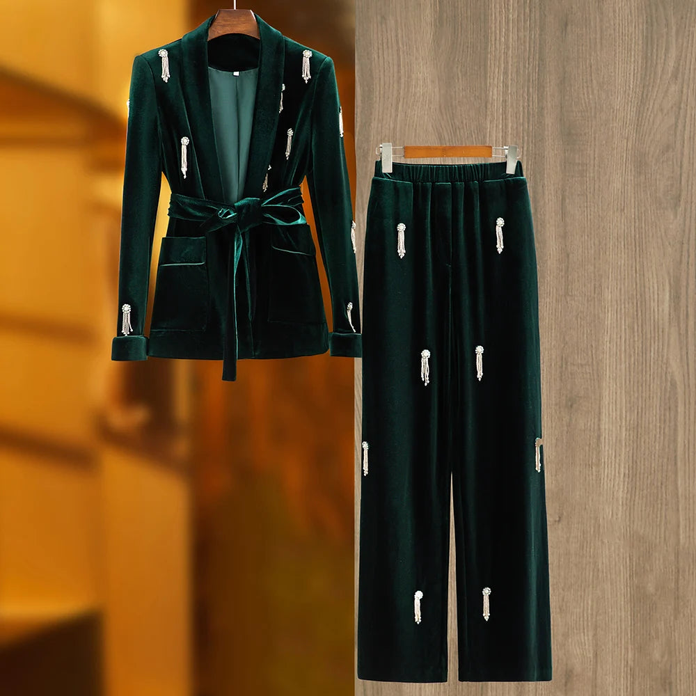 Boss Babe Dark Green Velvet 2Pcs Pants Suit