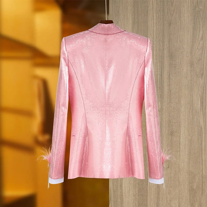 Boss Babe Baby Pink Sparking Sequinned Feather Luxury Blazer