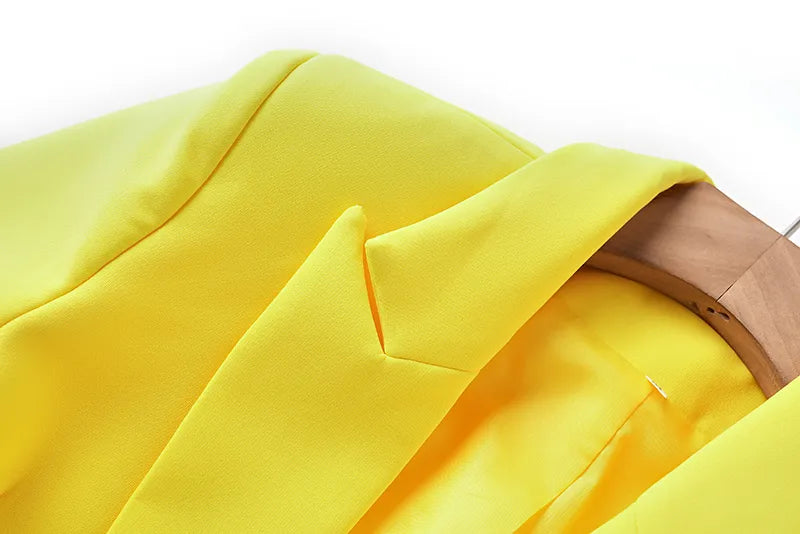 Boss Babe Faux Fur-trim Patchowrk Lemon Yellow Long Blazers