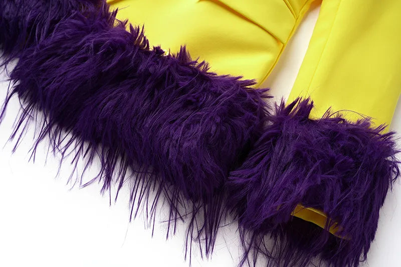 Boss Babe Faux Fur-trim Patchowrk Lemon Yellow Long Blazers