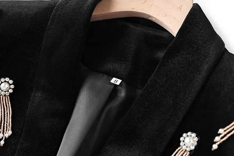 Boss Babe Luxury Black Velvet Fabric Quality Diamonds Beads Women 2PCs Blazer Suits