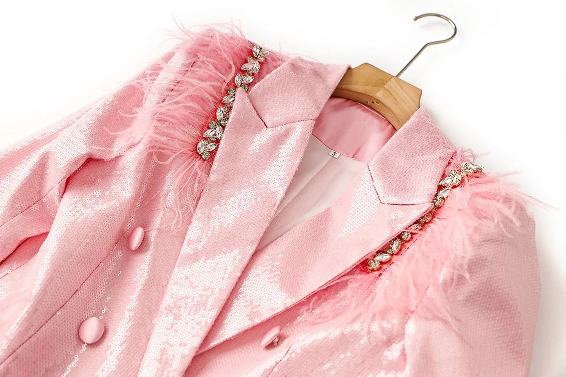 Boss Babe Baby Pink Sparking Sequinned Feather Luxury Blazer