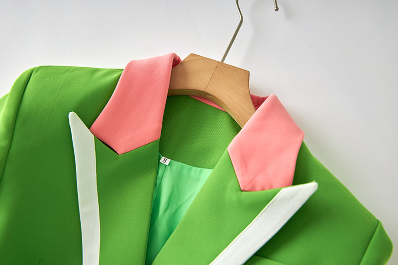 Boss Babe Pink Collar Patchwork Green Blazer Suit