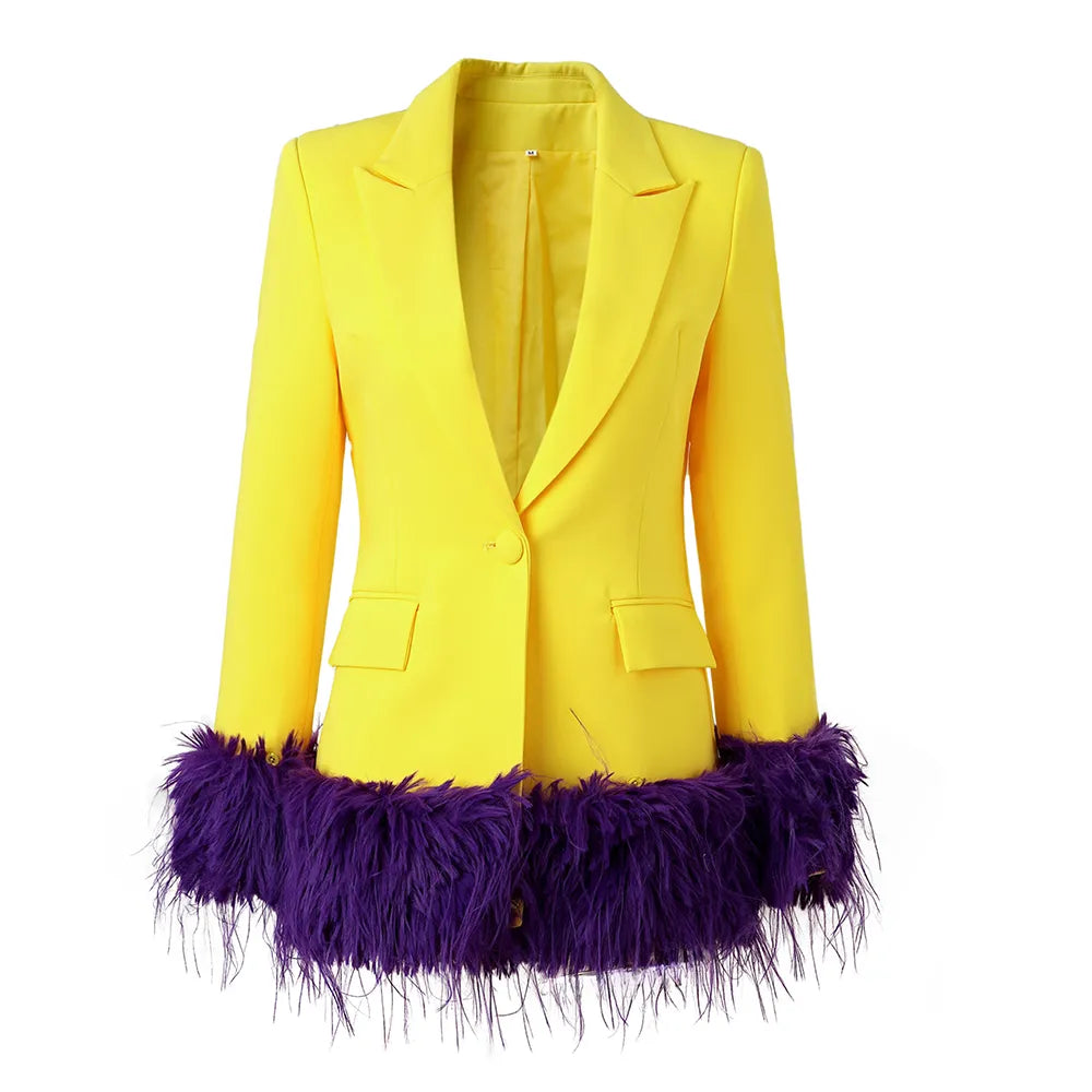 Boss Babe Faux Fur-trim Patchowrk Lemon Yellow Long Blazers