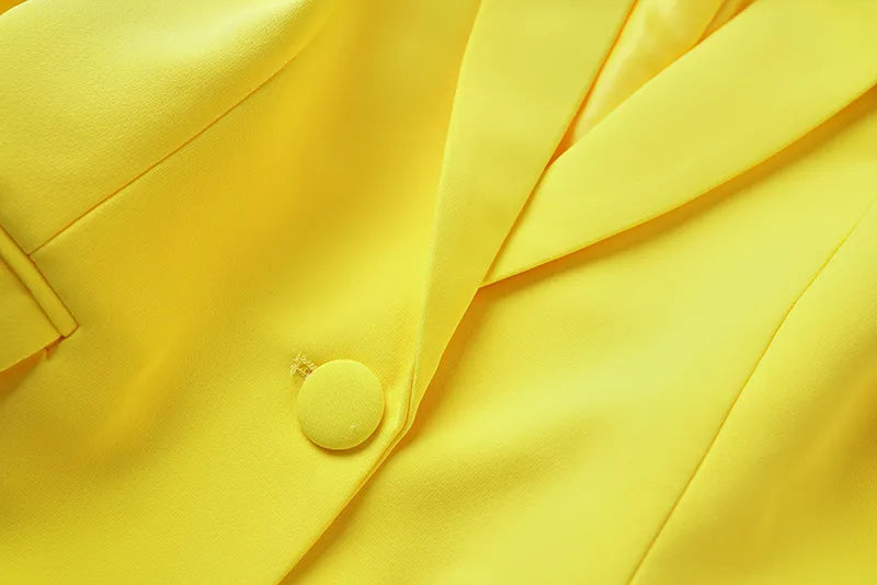 Boss Babe Faux Fur-trim Patchowrk Lemon Yellow Long Blazers