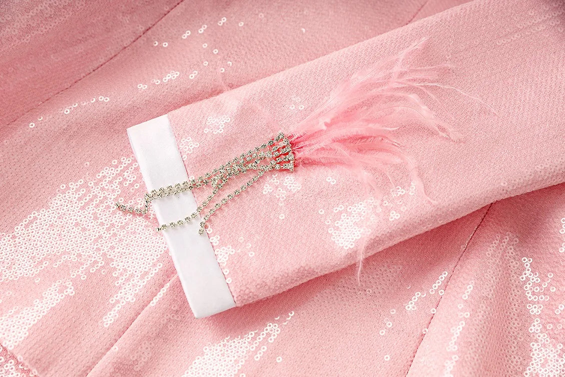 Boss Babe Baby Pink Sparking Sequinned Feather Luxury Blazer