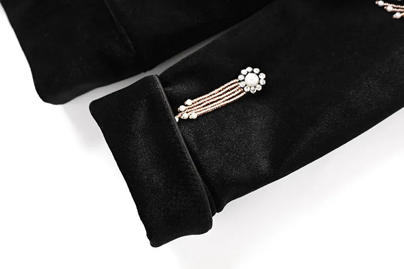 Boss Babe Luxury Black Velvet Fabric Quality Diamonds Beads Women 2PCs Blazer Suits