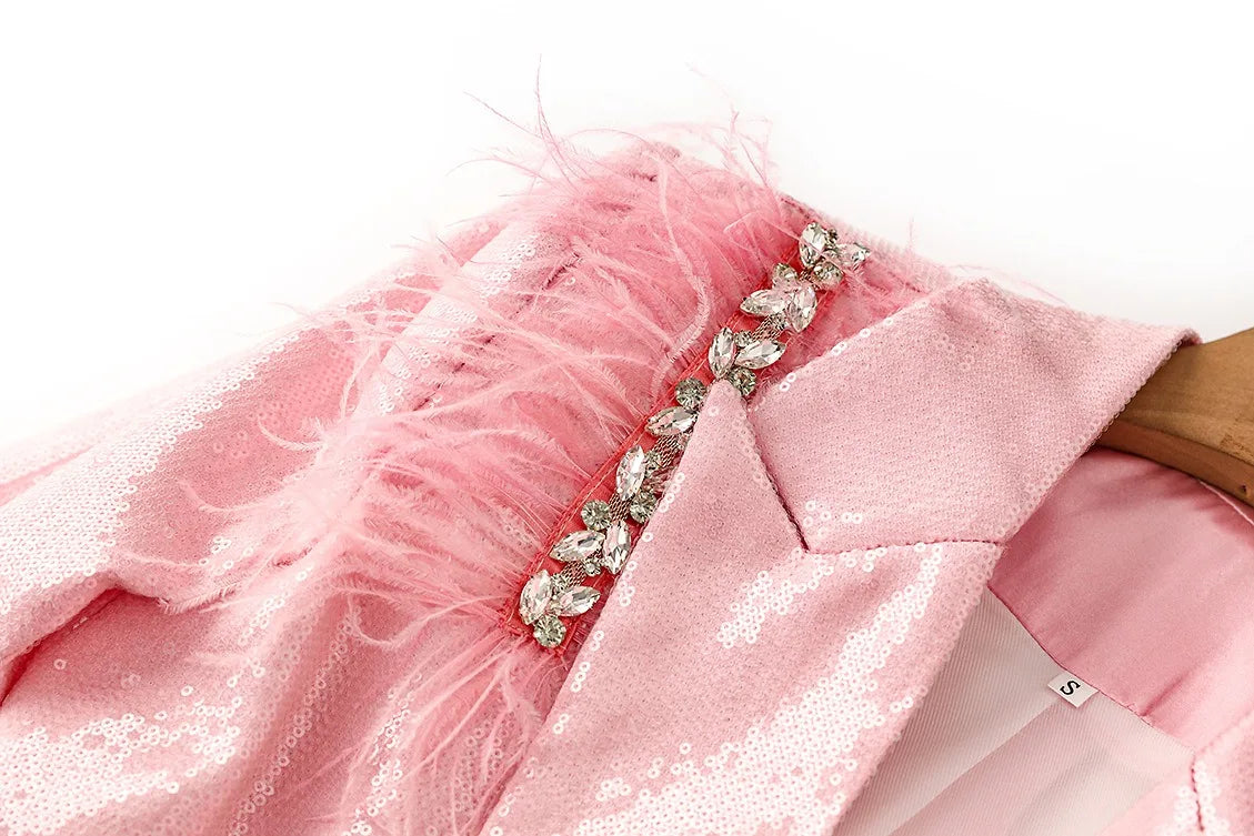 Boss Babe Baby Pink Sparking Sequinned Feather Luxury Blazer