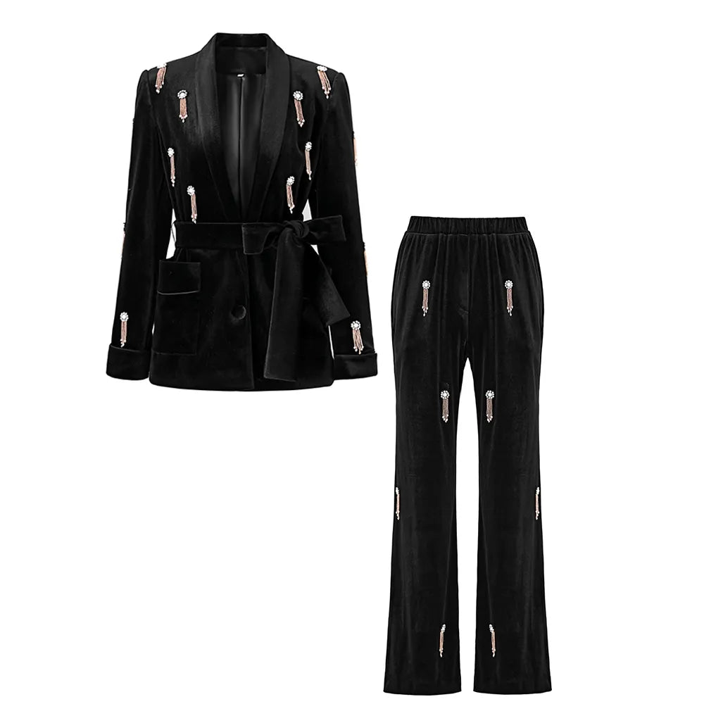 Boss Babe Luxury Black Velvet Fabric Quality Diamonds Beads Women 2PCs Blazer Suits