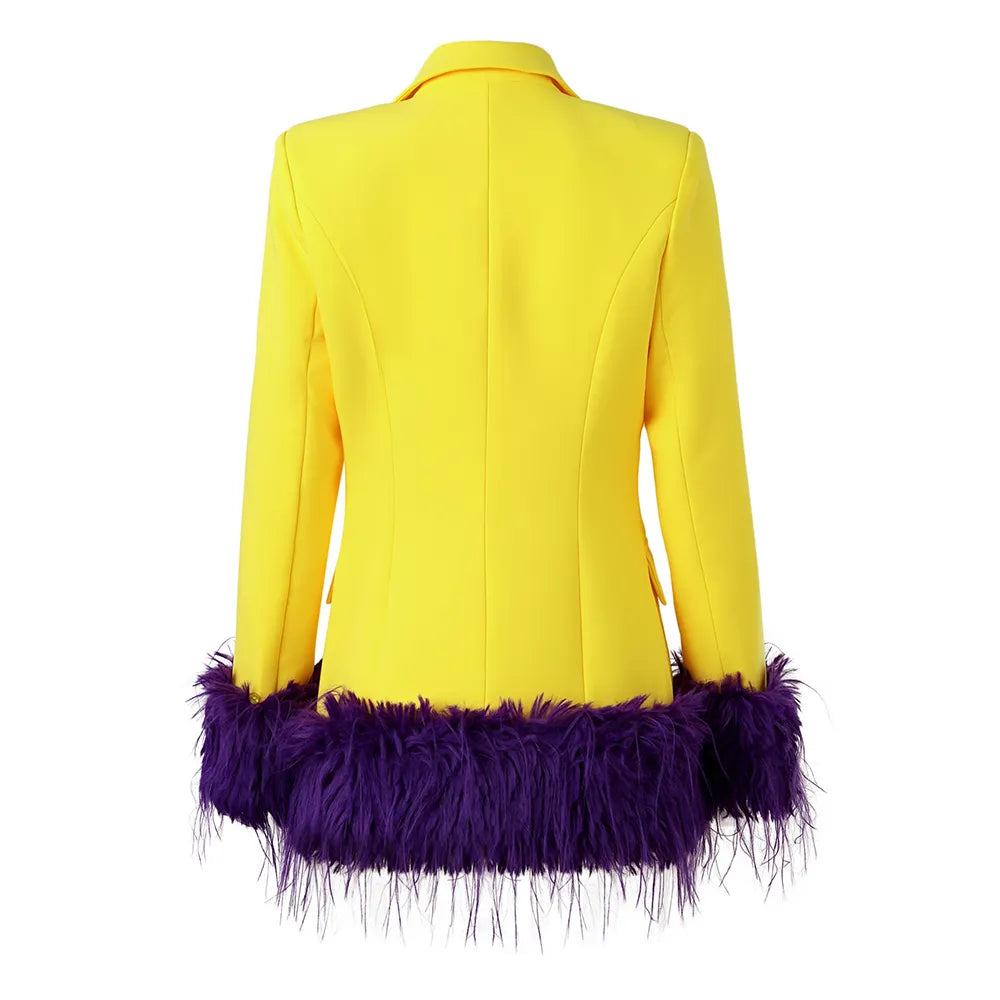 Boss Babe Faux Fur-trim Patchowrk Lemon Yellow Long Blazers