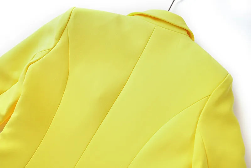 Boss Babe Faux Fur-trim Patchowrk Lemon Yellow Long Blazers