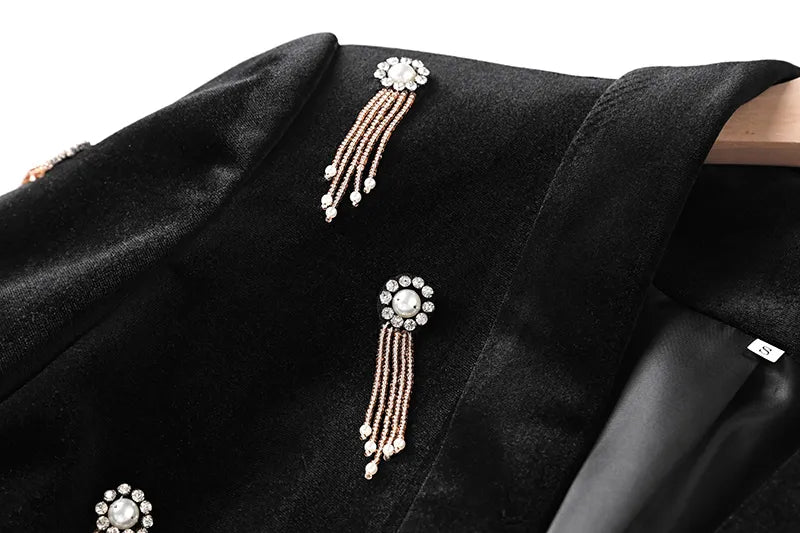 Boss Babe Luxury Black Velvet Fabric Quality Diamonds Beads Women 2PCs Blazer Suits