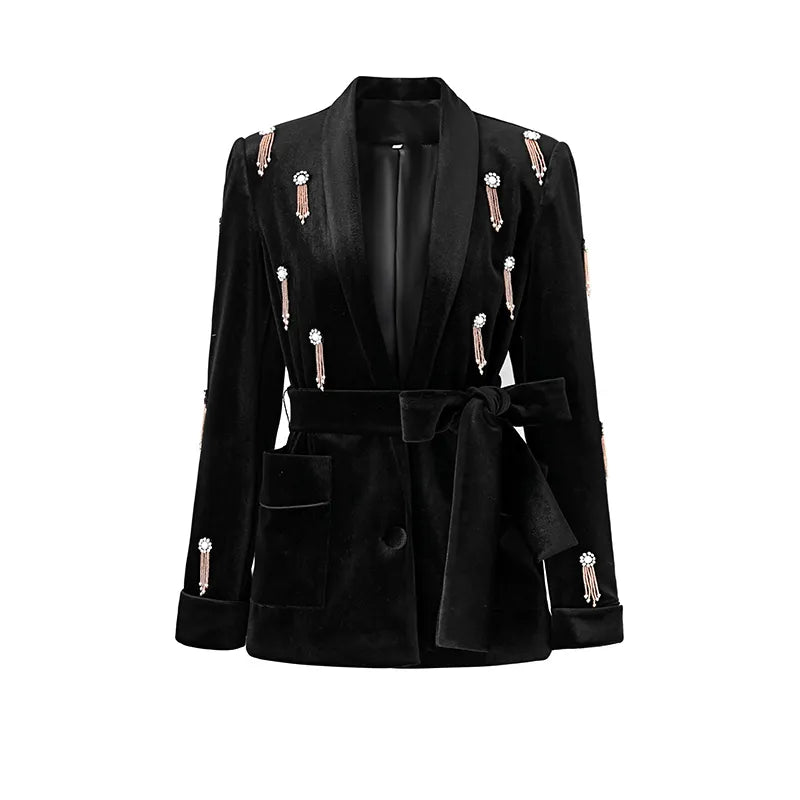 Boss Babe Luxury Black Velvet Fabric Quality Diamonds Beads Women 2PCs Blazer Suits