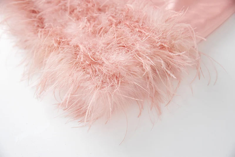Boss Babe Luxury Satin Fabric Pink Feather 2 Pieces Sets