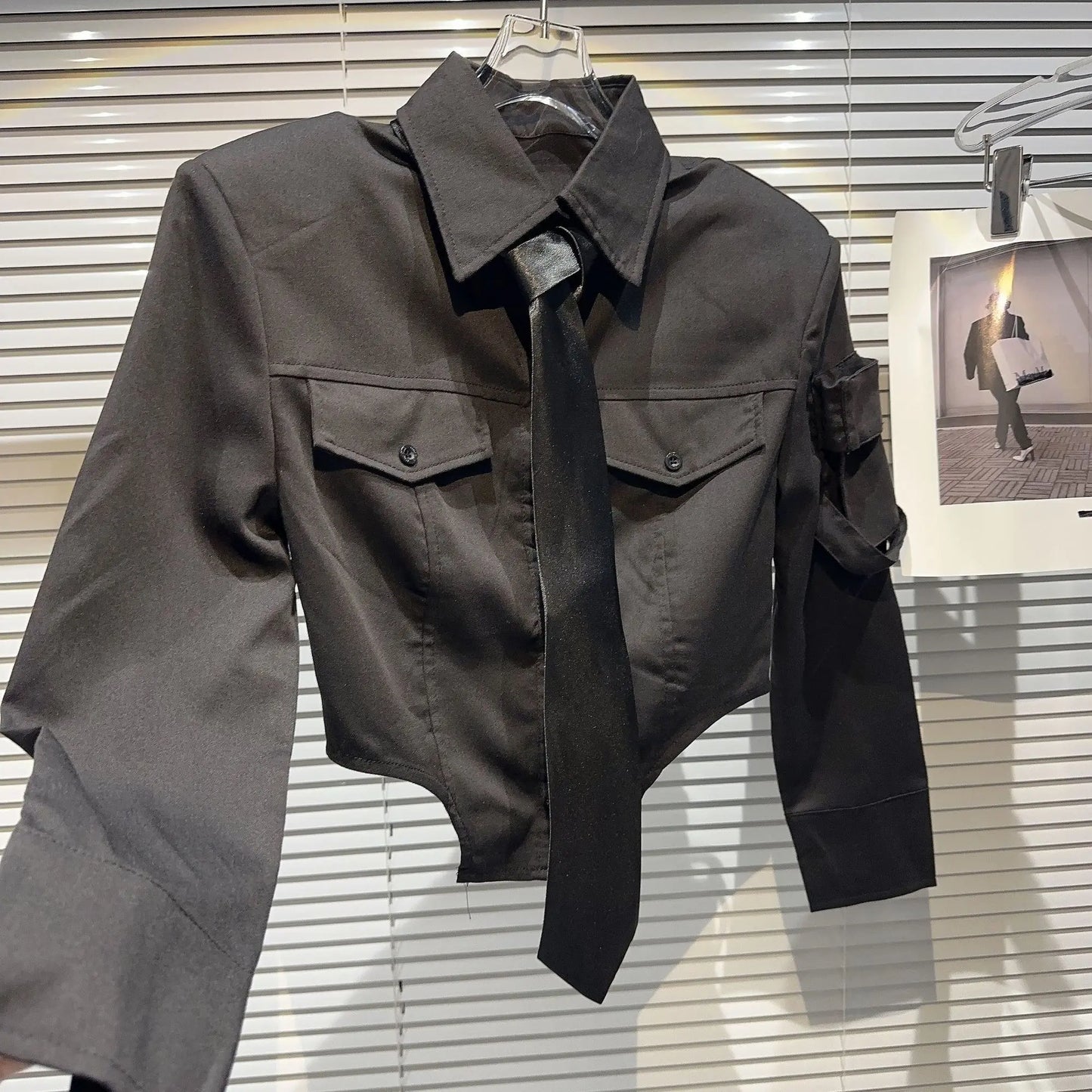 Boss Babe Long Sleeve Collar Necktie Short Shirt