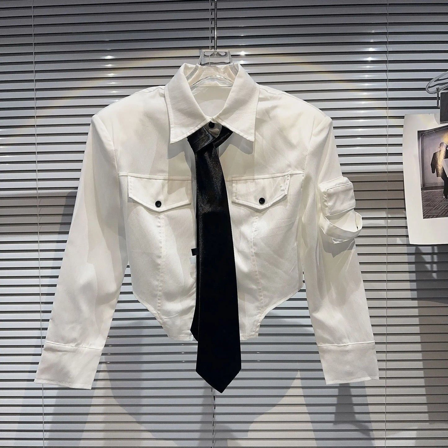 Boss Babe Long Sleeve Collar Necktie Short Shirt