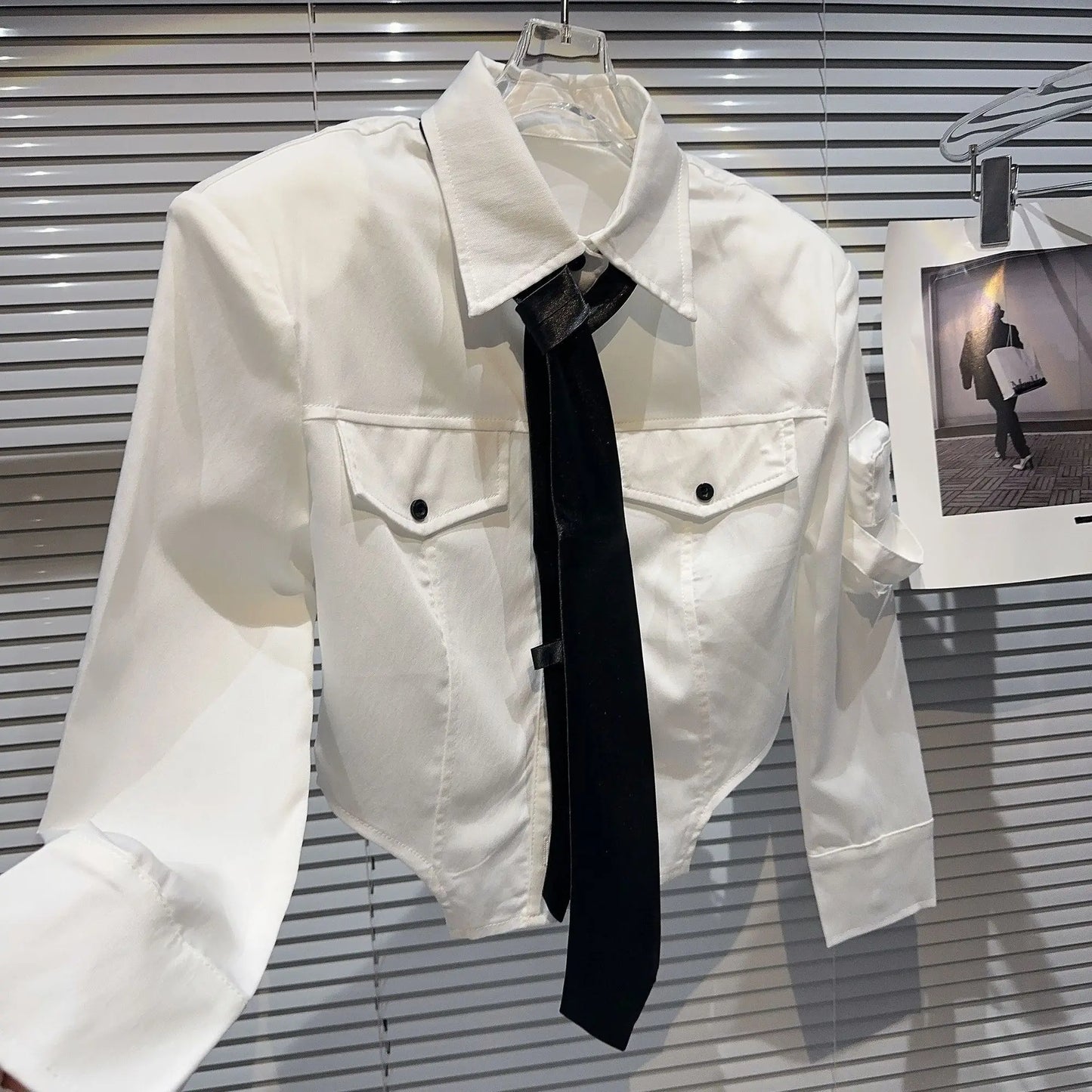 Boss Babe Long Sleeve Collar Necktie Short Shirt