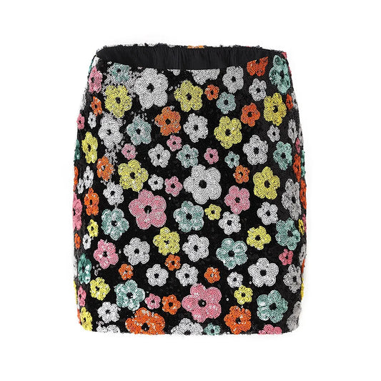 Boss Babe Flowers Sequineds Mini Skirt with Lining