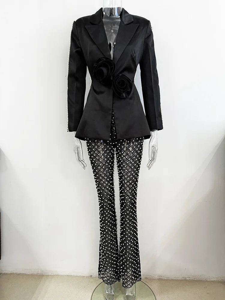 Boss Babe Long Sleeve Hollow Out Waist Blazer See-through Flared Pants