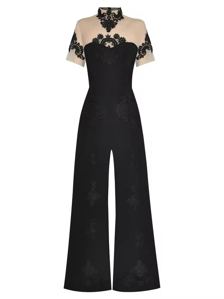 Boss Babe Stand Collar Net yarn Short Sleeves Hollow out Water-soluble flower Jumpsuit