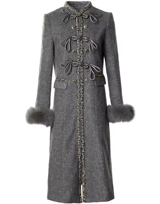 Boss Babe Grey Stand Collar Single-breasted Button Pocket Long Overcoat