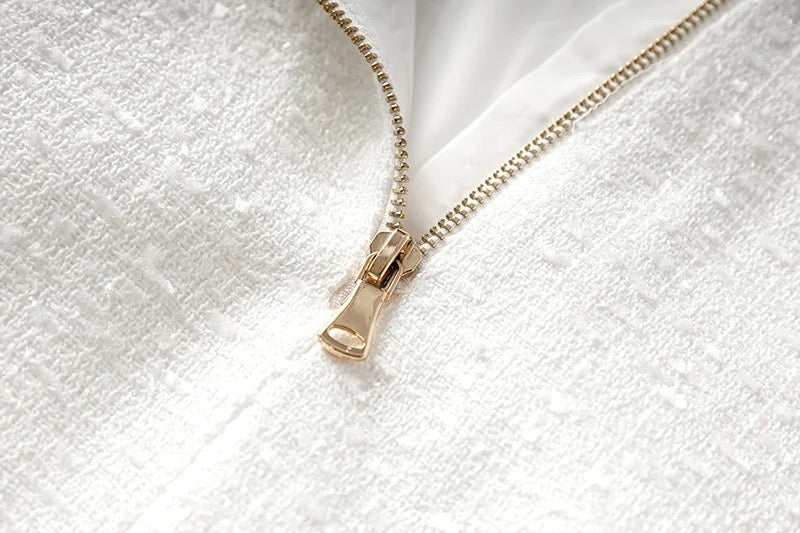 Boss Babe Pure White Tweed Fabric Straps Sleeveless Dress