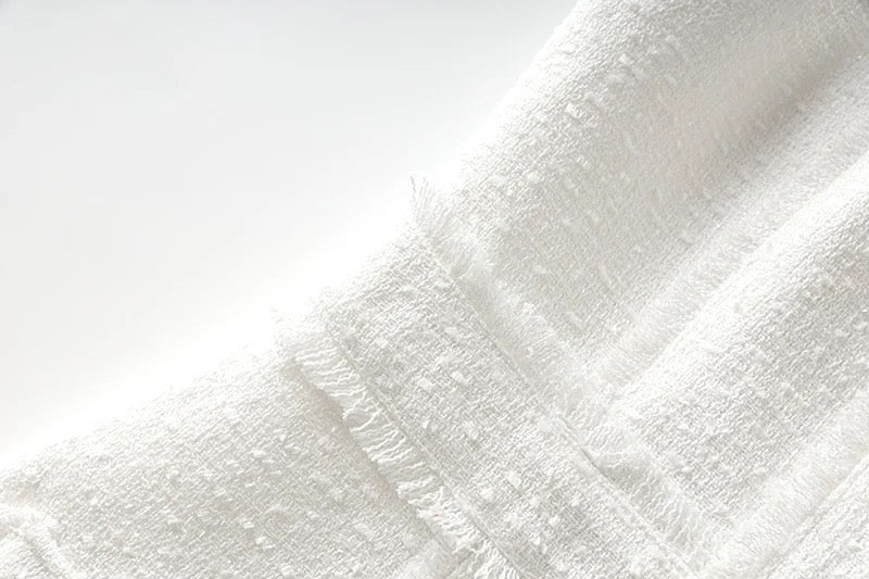 Boss Babe Pure White Tweed Fabric Straps Sleeveless Dress