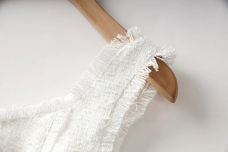 Boss Babe Pure White Tweed Fabric Straps Sleeveless Dress