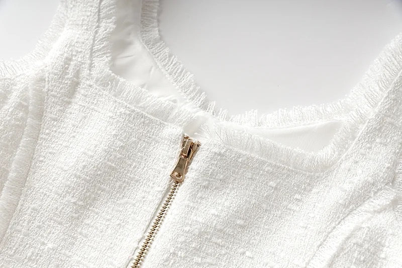 Boss Babe Pure White Tweed Fabric Straps Sleeveless Dress