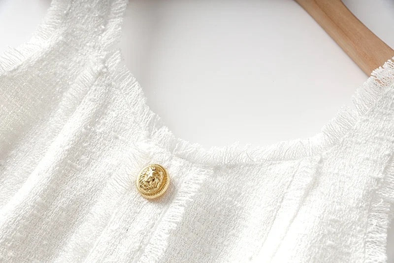 Boss Babe Pure White Tweed Fabric Straps Sleeveless Dress