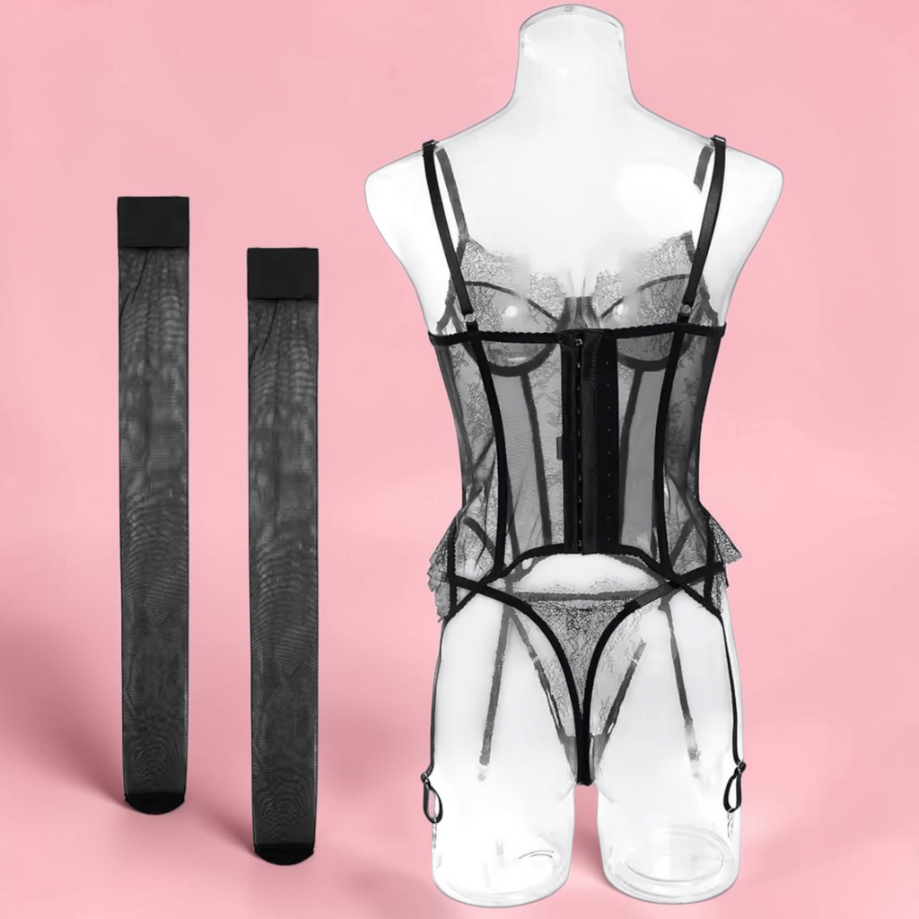 Lingerie Kiara – Premium 2-Piece Corset Lingerie Set – Push-Up Underwire Bra, Thong & Stockings Elevate your lingerie collection with the