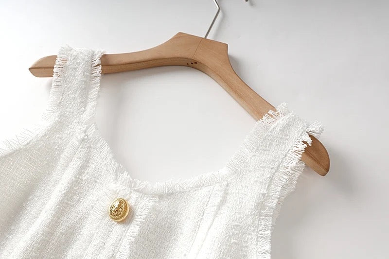 Boss Babe Pure White Tweed Fabric Straps Sleeveless Dress